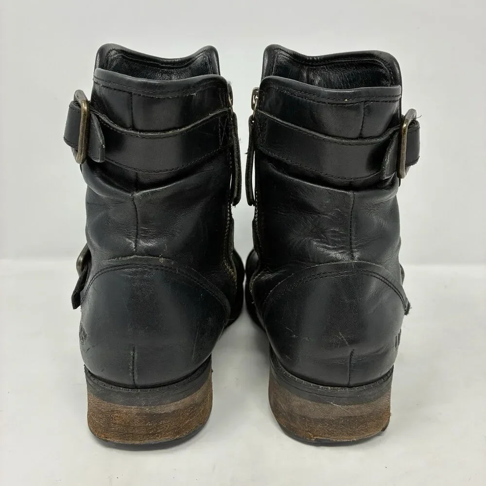 UGG Finney Black Suede 3 Buckle Strap Motorcycle Cap Toe & Zip Mid Calf Boots 8